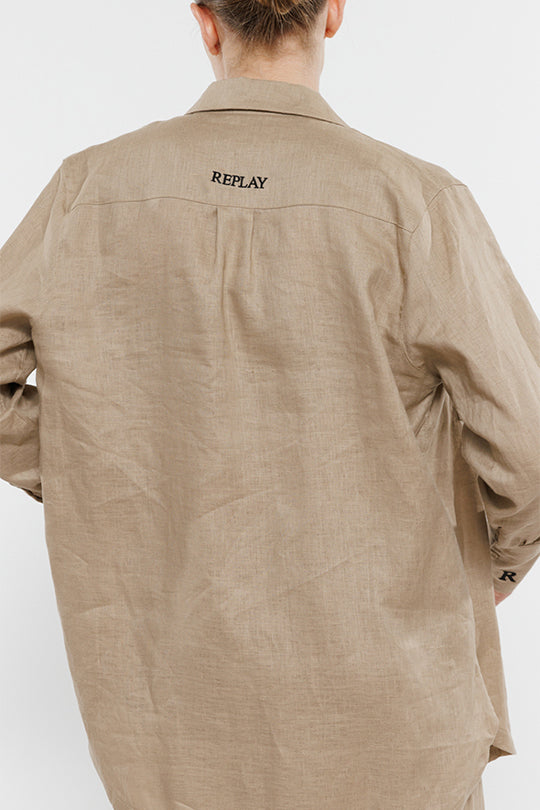 חולצת פשתן מכופתרת Big Cuff בצבע בז'