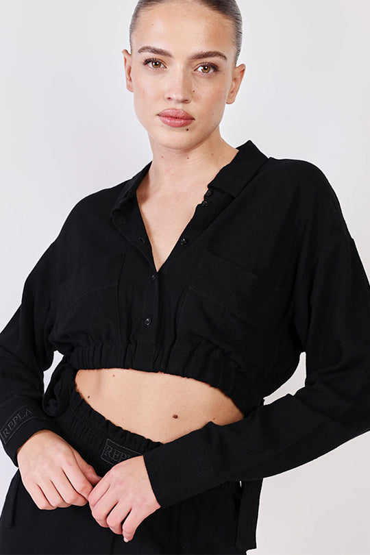חולצת קרופ מכופתרת Linen בצבע שחור