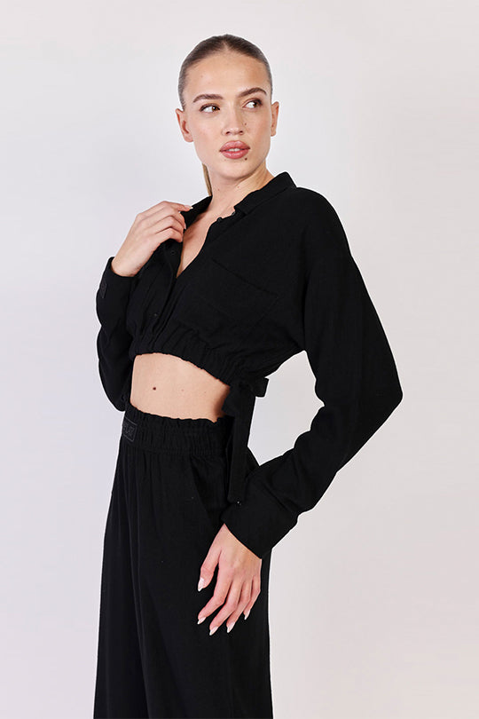 חולצת קרופ מכופתרת Linen בצבע שחור