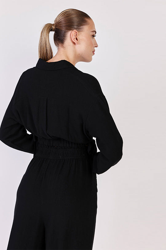 חולצת קרופ מכופתרת Linen בצבע שחור