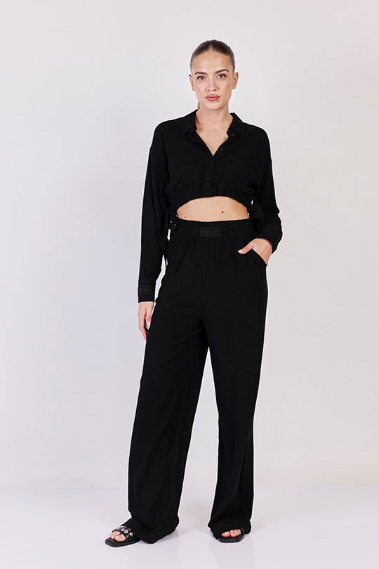 חולצת קרופ מכופתרת Linen בצבע שחור