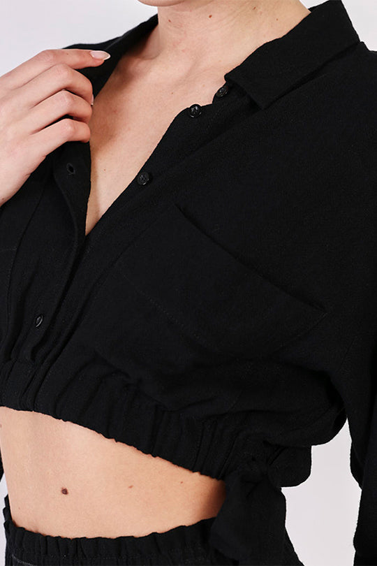 חולצת קרופ מכופתרת Linen בצבע שחור