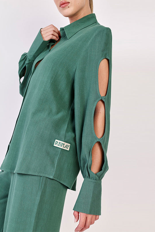 חולצת פשתן מכופתרת Cut Out Sleeves בצבע ירוק