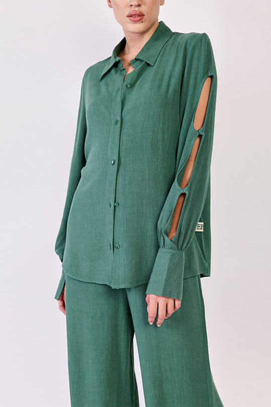 חולצת פשתן מכופתרת Cut Out Sleeves בצבע ירוק