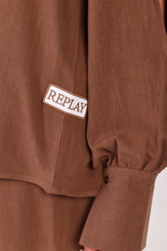 חולצת פשתן מכופתרת Cut Out Sleeves בצבע חום