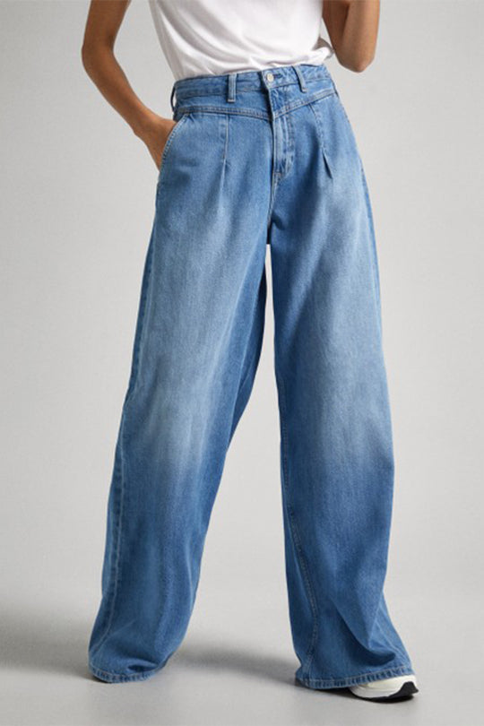 ג'ינס ארוך Wide Leg Pleat בצבע כחול