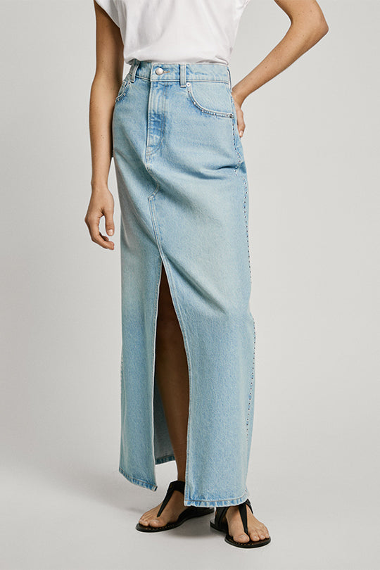 חצאית מקסי Stud דנים עם שסע קדמי