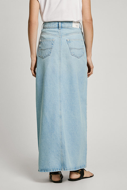 חצאית מקסי Stud דנים עם שסע קדמי