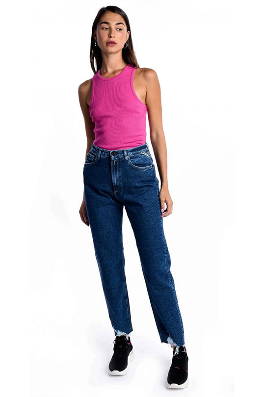 ג'ינס סקיני עם קרעים בסיומת בצבע כחול