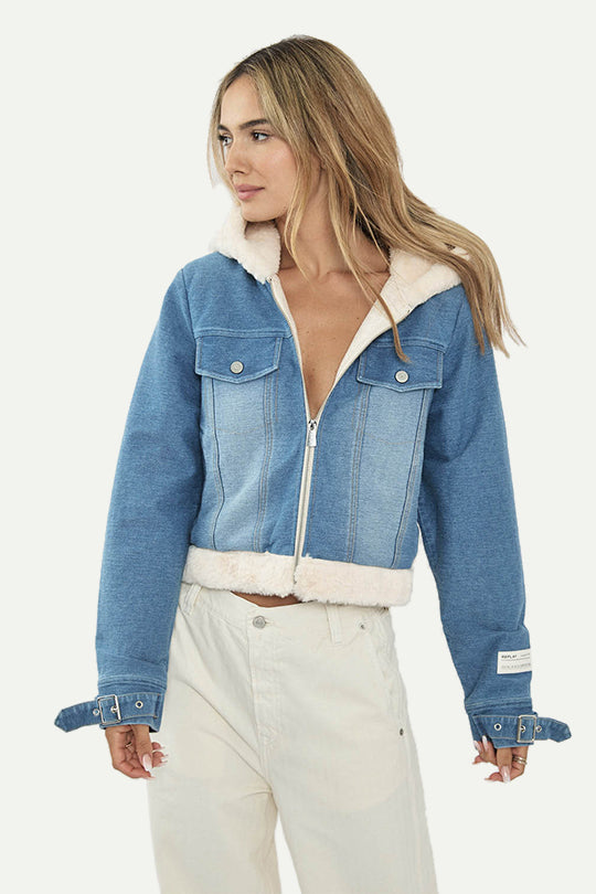 ג'קט גינס קצר עם פרווה בצבע קרם