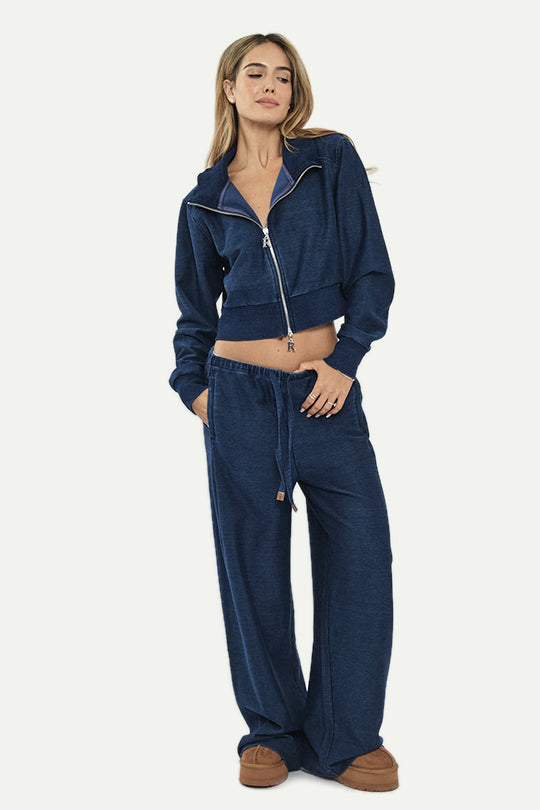 ג׳קט דנים לנשים בצבע כחול כהה עם רוכסן