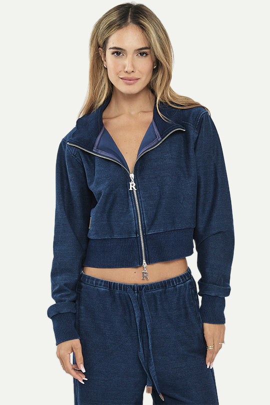 ג׳קט דנים לנשים בצבע כחול כהה עם רוכסן