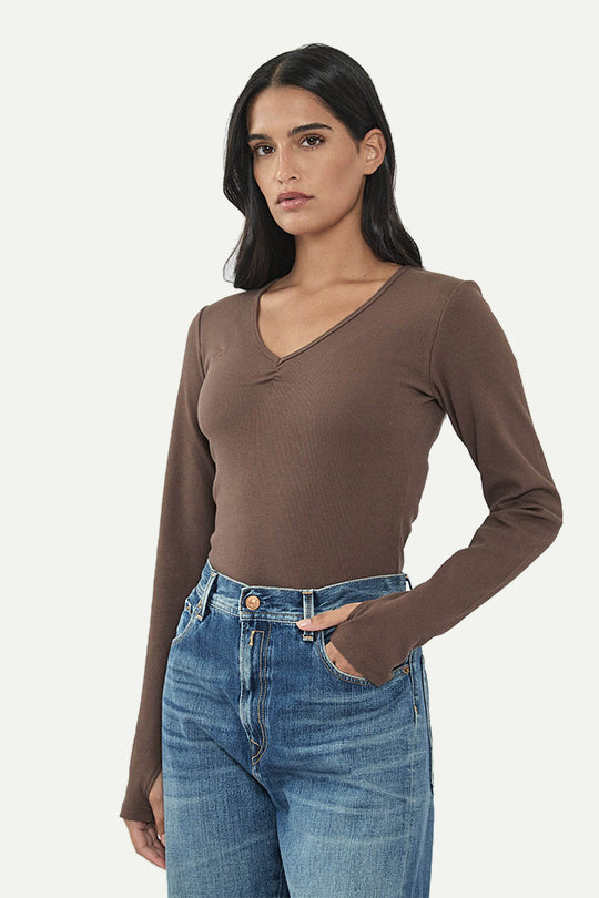 בגד גוף ריב ארוך בצבע חום