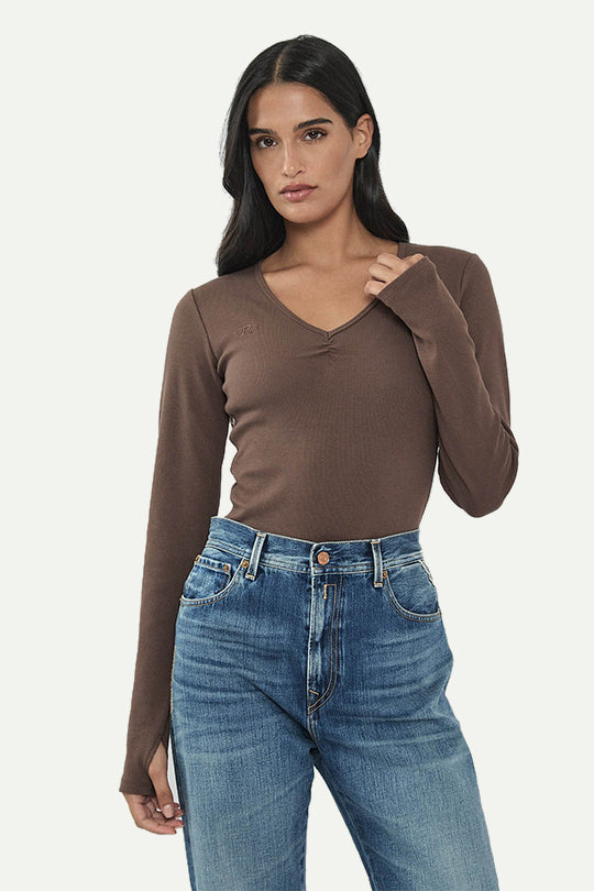 בגד גוף ריב ארוך בצבע חום