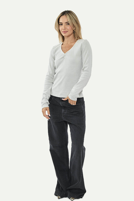 חולצה ארוכה מבד ריב בצבע אפור