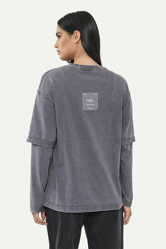 חולצה ארוכה בגזרת אוברסייז בצבע אפור