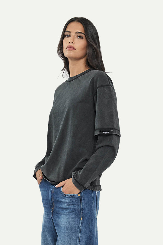 חולצה ארוכה בגזרת אוברסייז בצבע שחור