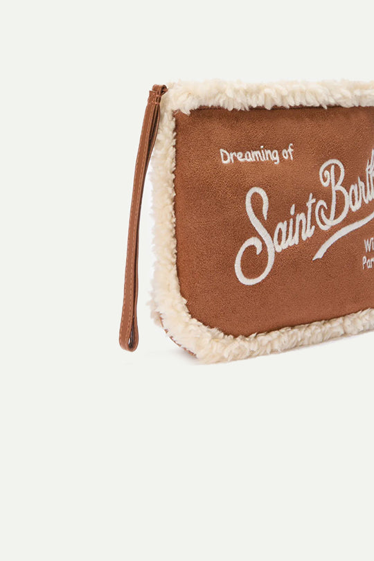 תיק POCHETTE בצבע קאמל עם פרווה לבנה