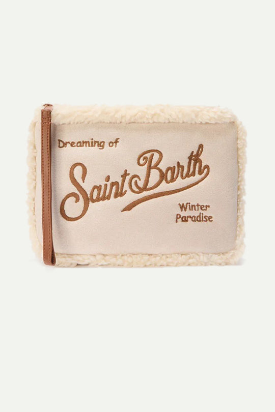 תיק POCHETTE בצבע בז' עם פרווה לבנה