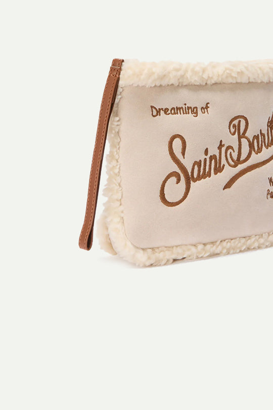 תיק POCHETTE בצבע בז' עם פרווה לבנה