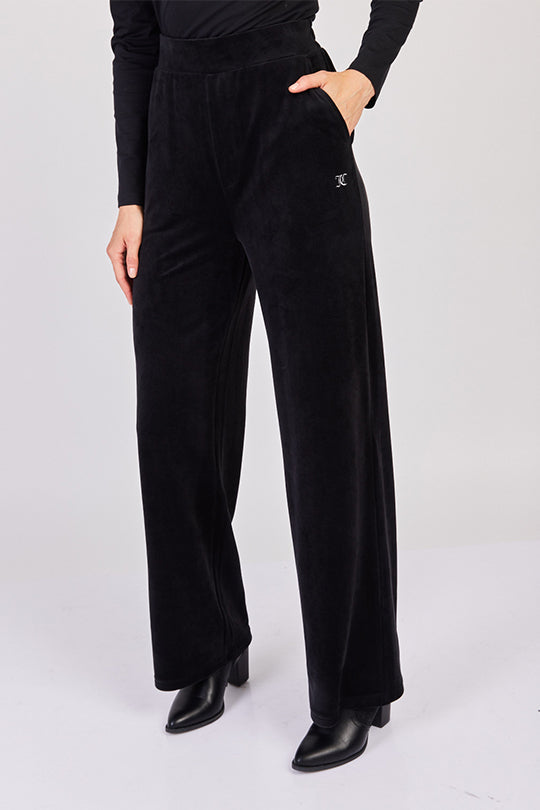 מכנסי טרנינג מבד קטיפה Wide Leg בצבע שחור