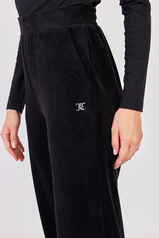 מכנסי טרנינג מבד קטיפה Wide Leg בצבע שחור