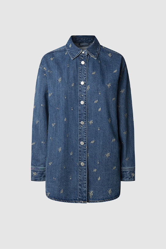 חולצת ג'ינס OVERSHIRT BLOSSOM עם רקמה פרחונית