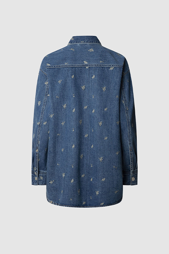 חולצת ג'ינס OVERSHIRT BLOSSOM עם רקמה פרחונית