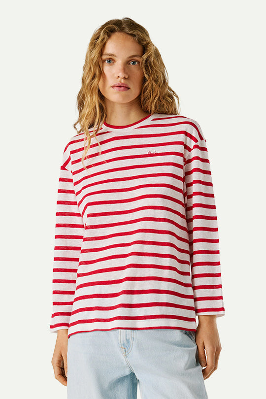 טי-שירט בצבע לבן עם פסים אדומים