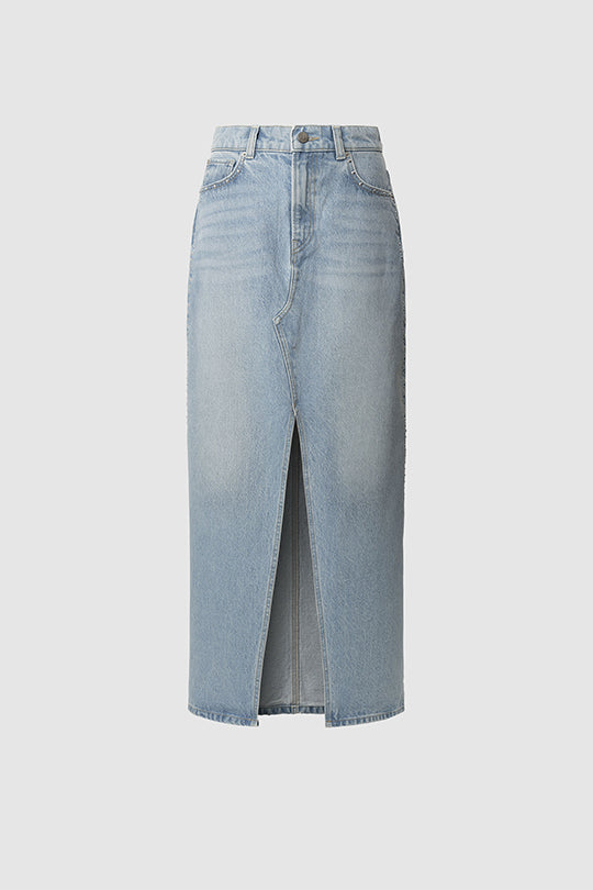 חצאית מקסי Stud דנים עם שסע קדמי