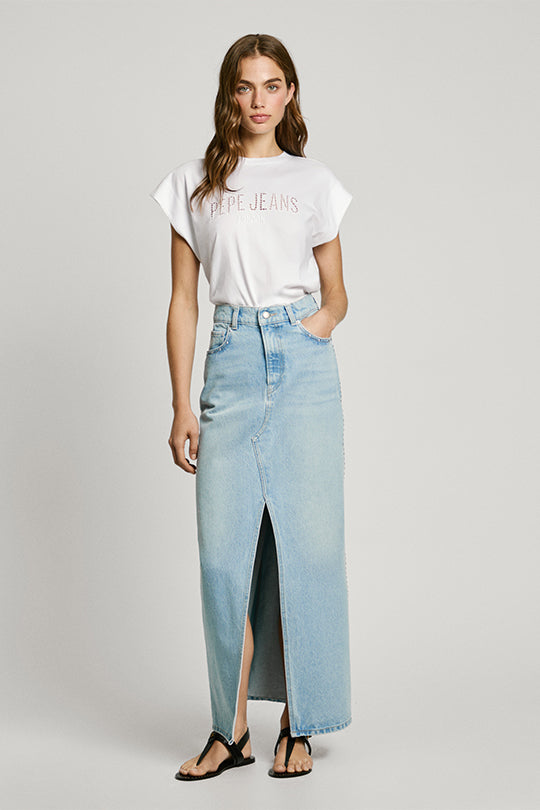 חצאית מקסי Stud דנים עם שסע קדמי