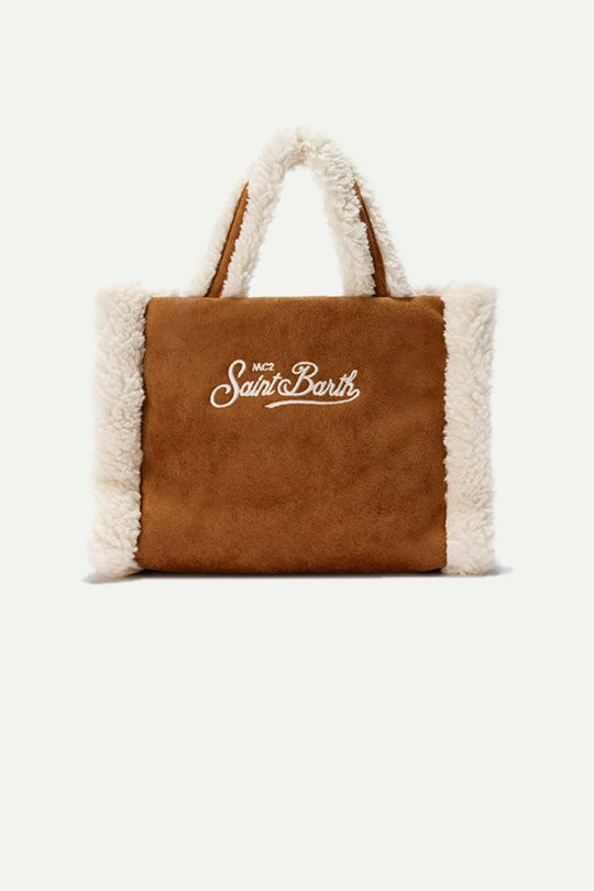 תיק SMALL BAG WITH STRAP בצבע קאמל עם פרווה