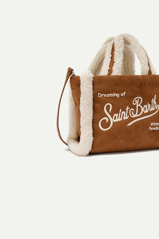 תיק SMALL BAG WITH STRAP בצבע קאמל עם פרווה