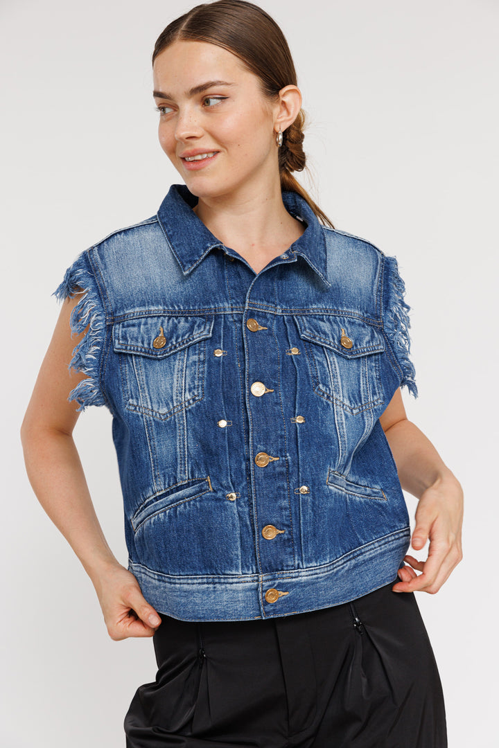 וסט ג'ינס כתפיות פרנזים Gilet בצבע כחול