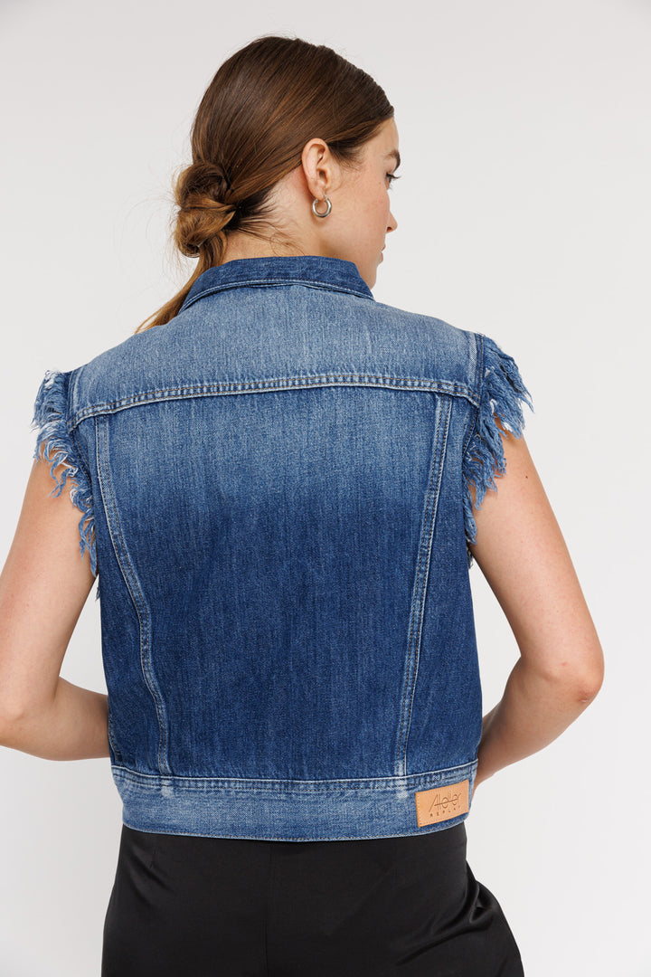 וסט ג'ינס כתפיות פרנזים Gilet בצבע כחול