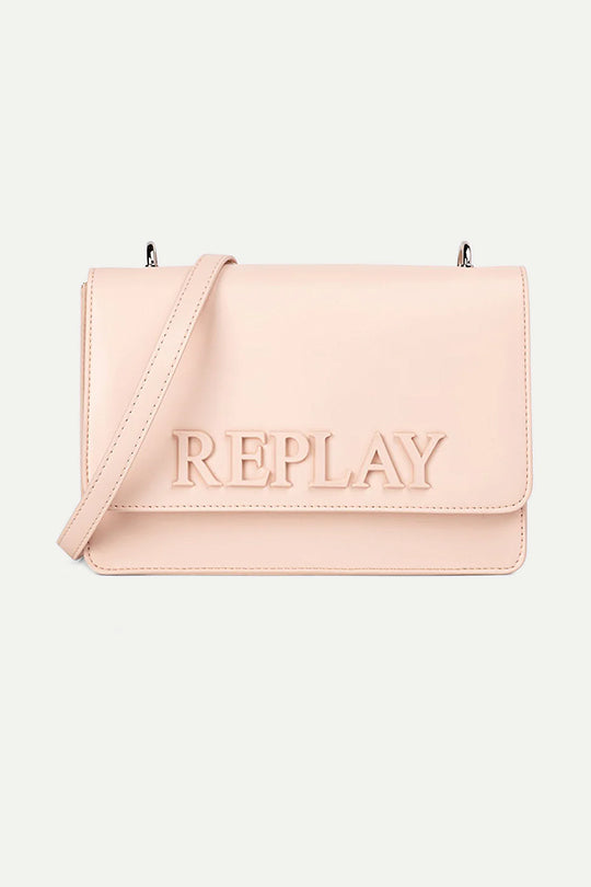 תיק צד בצבע ורוד בהיר עם לוגו מובלט