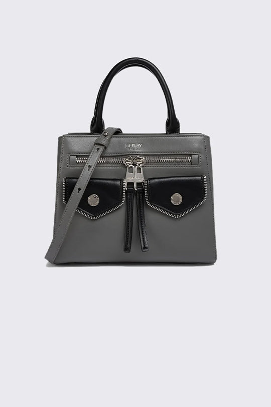 תיק יד לנשים בצבע אפור עם כיסים קדמיים בשילוב שחור