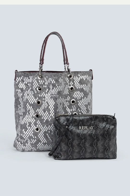 תיק יד לנשים בהדפס נחש אפור עם תיק קטן תואם