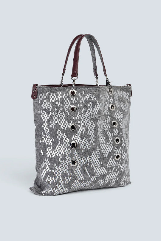 תיק יד לנשים בהדפס נחש אפור עם תיק קטן תואם