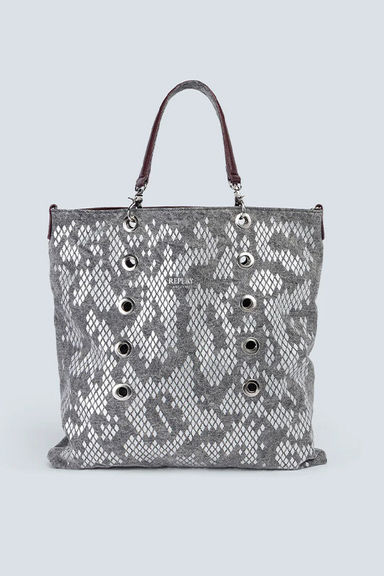 תיק יד לנשים בהדפס נחש אפור עם תיק קטן תואם