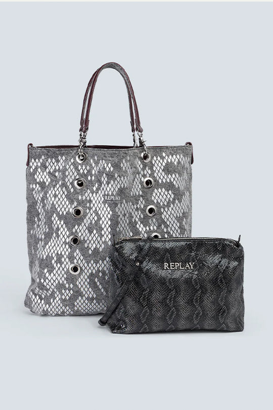 תיק יד לנשים בהדפס נחש אפור עם תיק קטן תואם