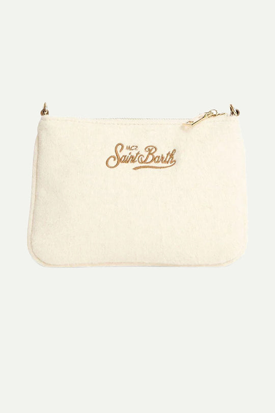 תיק קלאץ' בצבע שמנת עם רקמת Saint Barth חומה