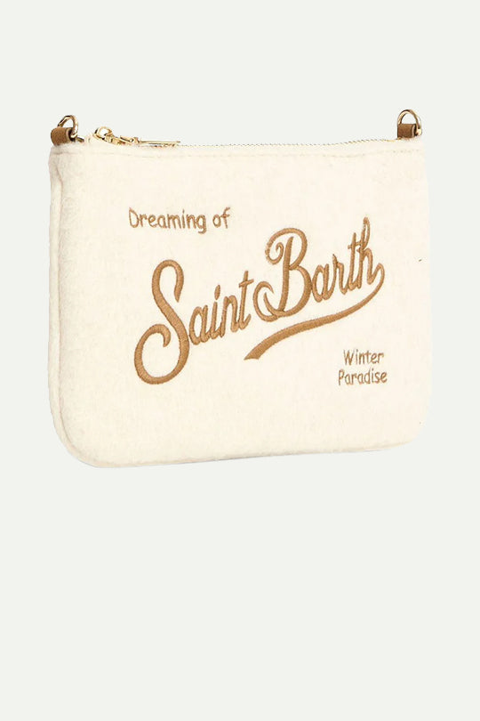 תיק קלאץ' בצבע שמנת עם רקמת Saint Barth חומה