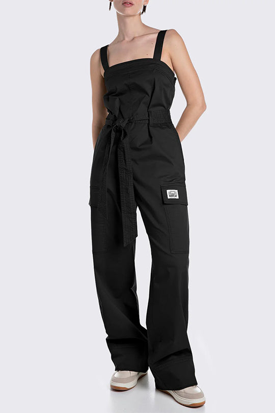 אוברול סטרפלס לנשים בגזרה רחבה בצבע שחור