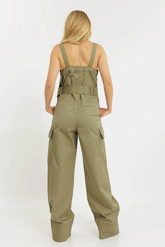 אוברול סטרפלס לנשים בגזרה רחבה בצבע חאקי