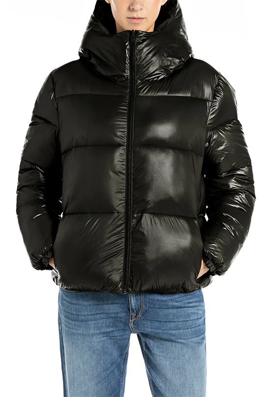 מעיל פוך קצר לנשים בצבע שחור מבריק עם כובע