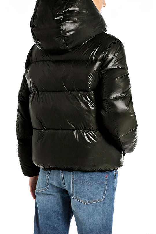 מעיל פוך קצר לנשים בצבע שחור מבריק עם כובע