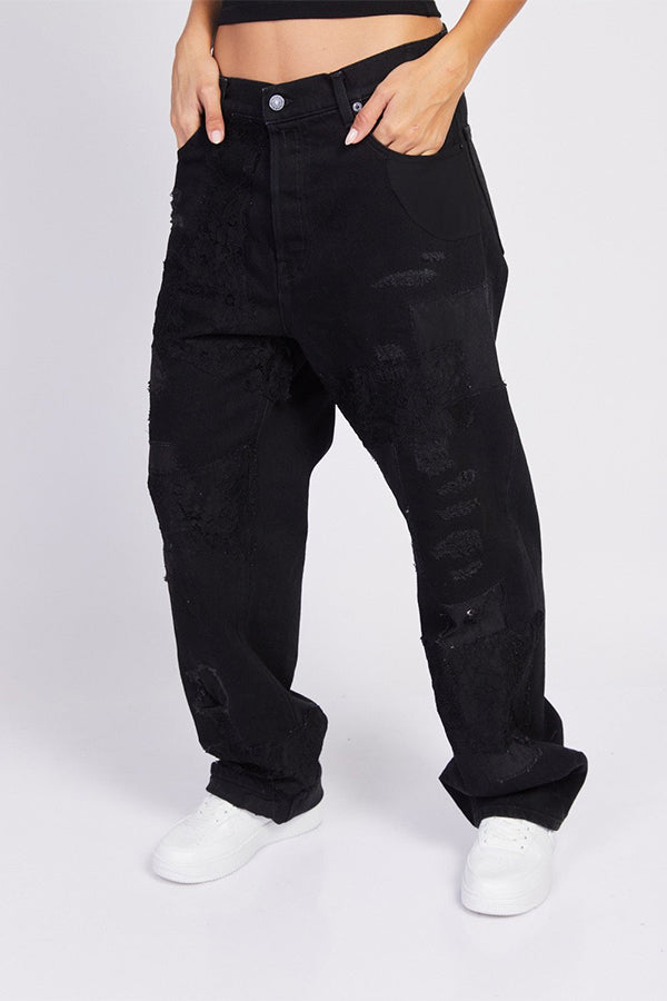 ג'ינסWide Leg עם פאצ'ים של תחרה נשים