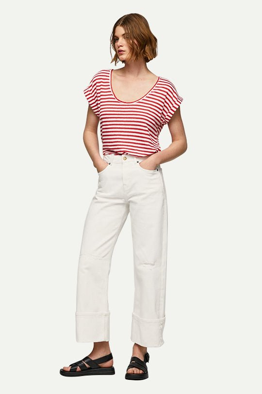 טי שירט קצרה Leia פסים בצבע אדום לבן - Pepe Jeans