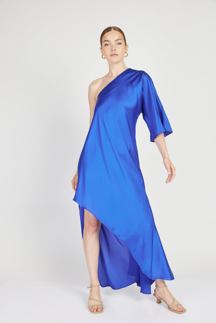 שמלה אסימטרית שרוול קצר נרסיק בצבע כחול רויאל - Dana Sidi